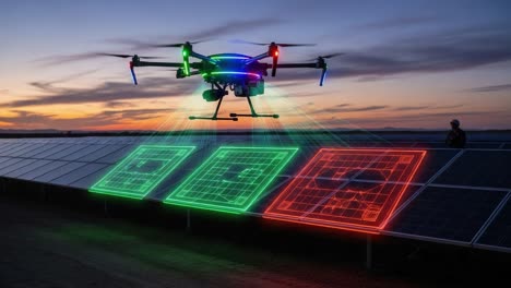 a drone conducting an innovative inspection of solar panels at sunset using colorful laser technology for data visualization in a renewable energy landscape
