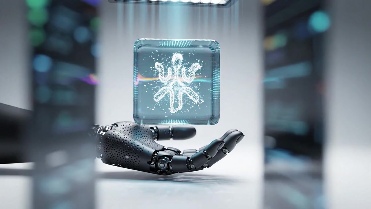 Futuristic robotic hand interacting with a transparent cube showcasing advanced technology and artificial intelligence, symbolizing innovation and precision.