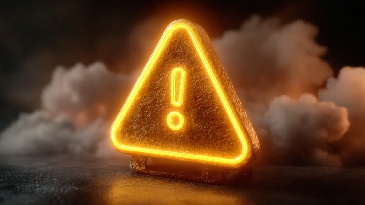 A glowing, triangular warning sign illuminated in vibrant orange, surrounded by a smoky backdrop, conveying a sense of urgency and caution in a visually striking manner