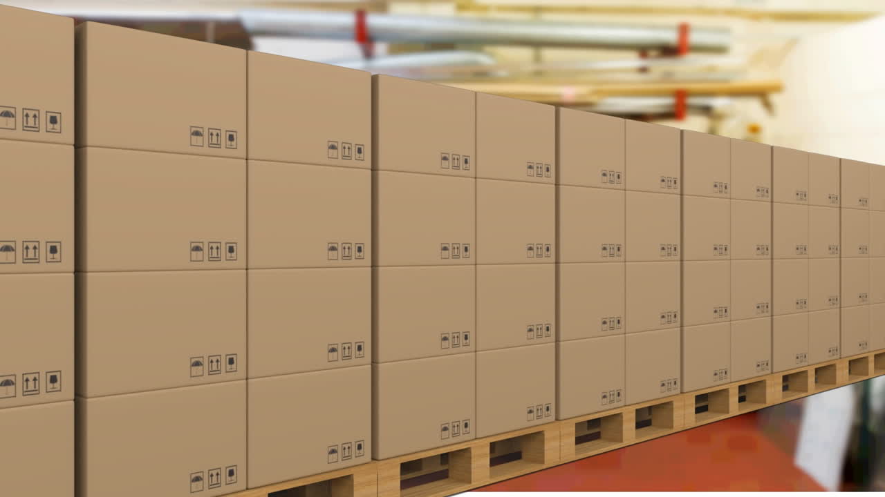 animación de cajas de cartón en cinta transportadora en el almacén