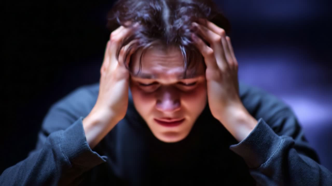 Young man expressing emotional distress and anxiety, with his hands on his head, showcasing a moment of deep contemplation and struggle in a dimly lit environment