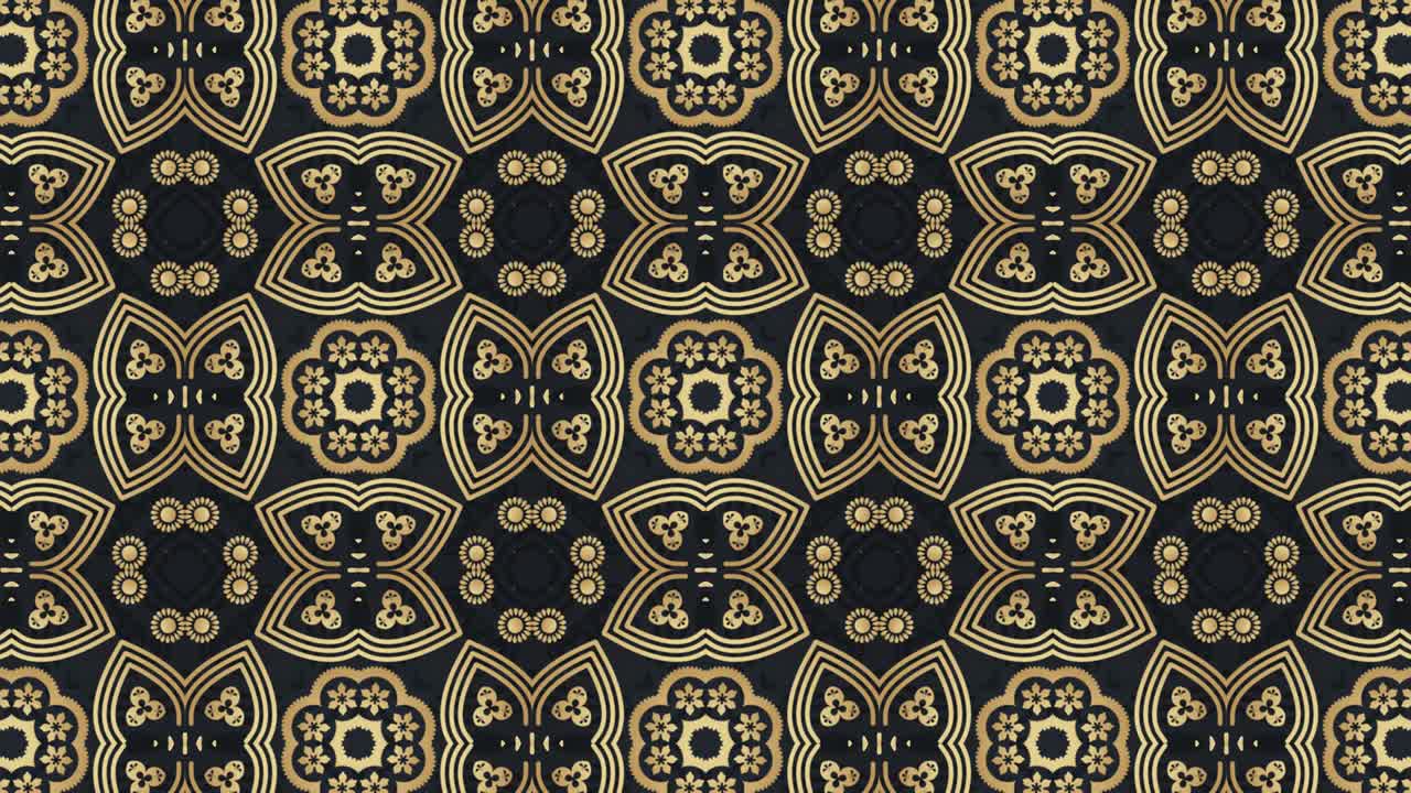 Golden kaleidoscope ornamental background. Abstract Folk flowers loop animation