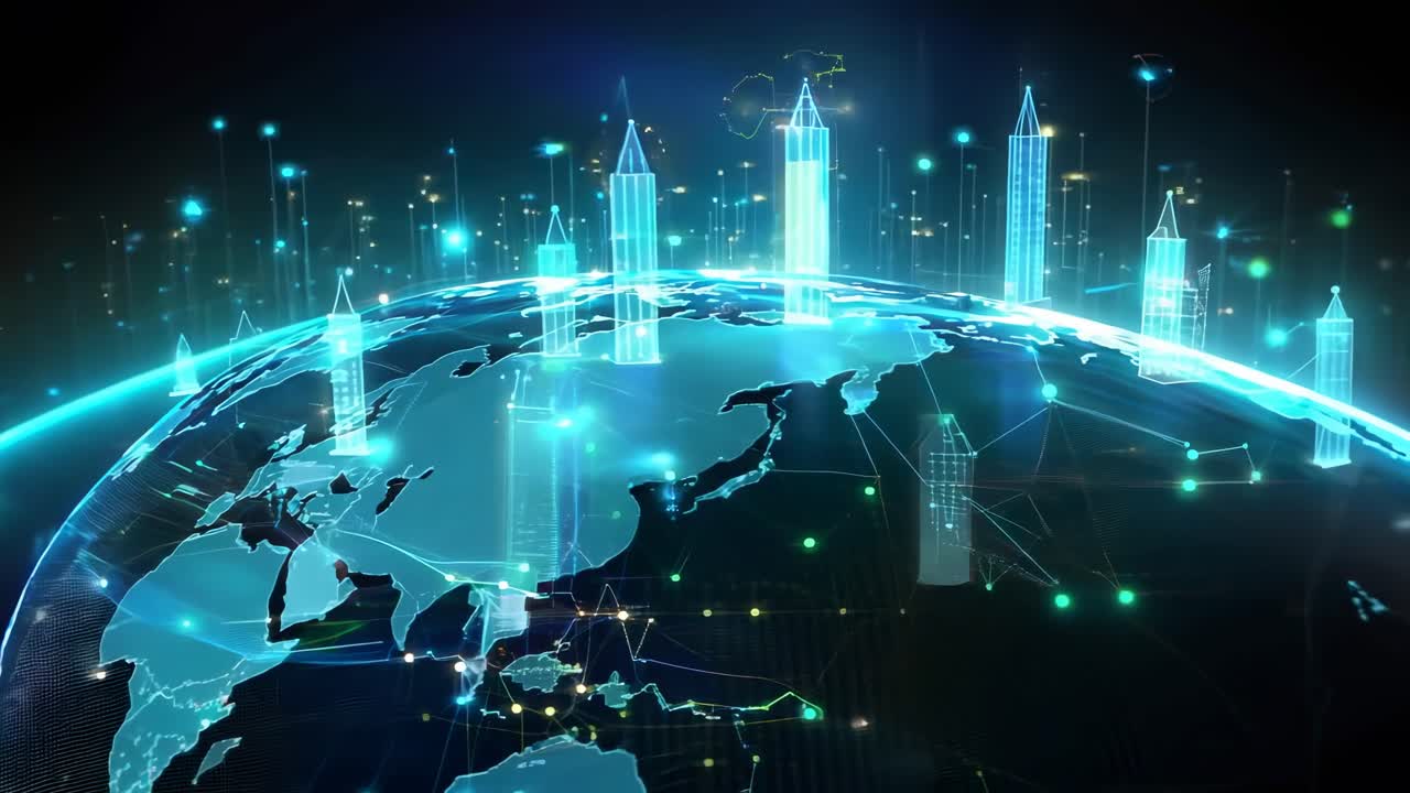 Futuristic video concept of a glowing digital world map. High-angle view with a network of lines
