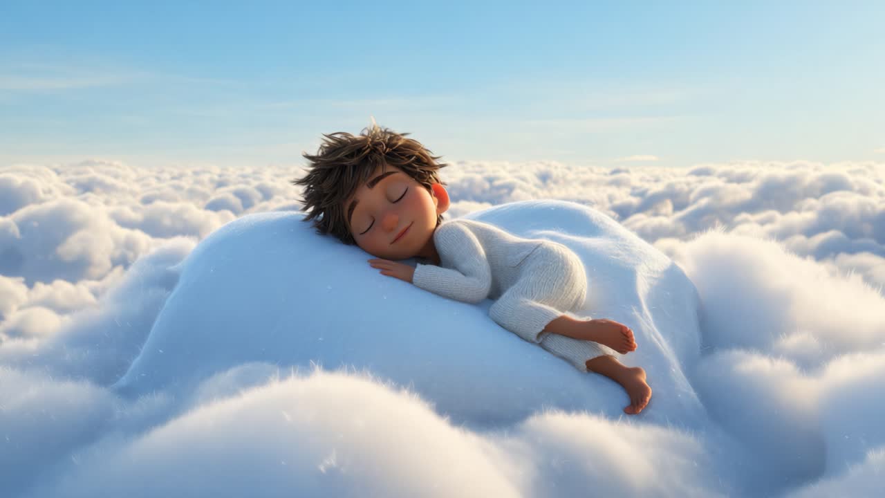A Serene Dreamscape: A Young Child Peacefully Sleeping on a Soft Cloud Surrounded by Fluffy White Clouds Under a Beautiful Blue Sky, Capturing Innocence and Tranquility