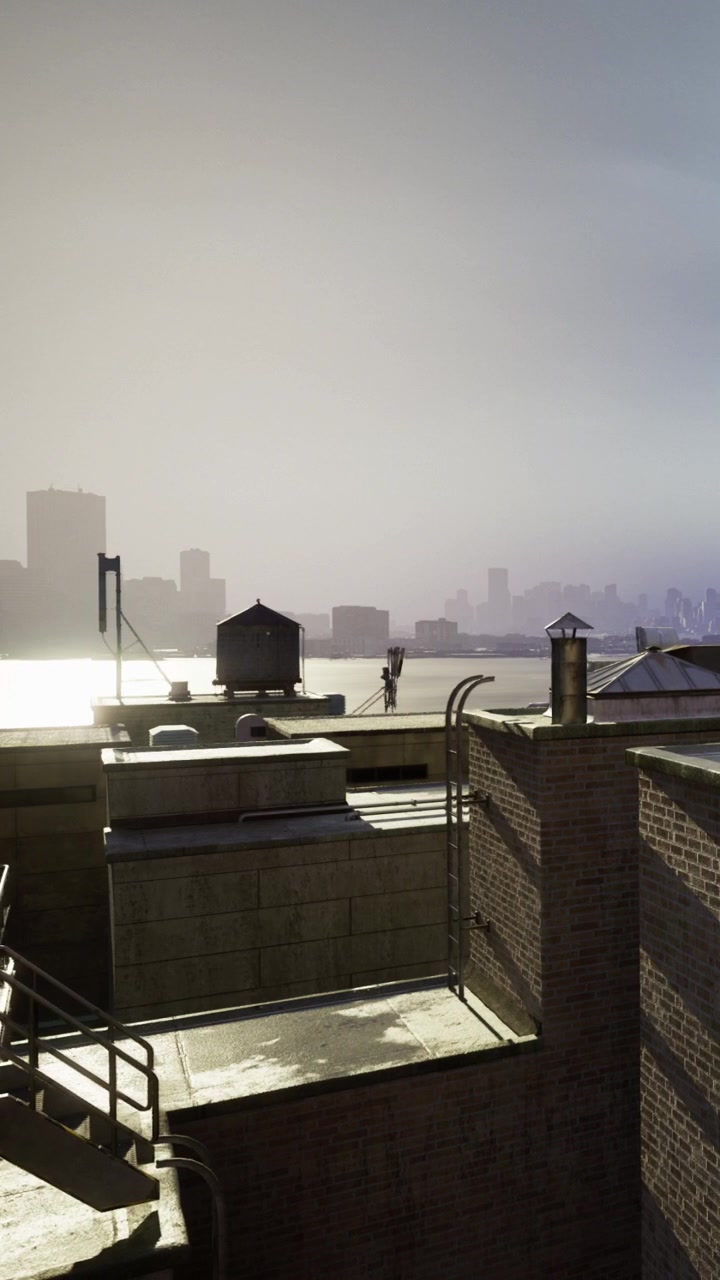 Morning light bathes city rooftops in soft hues of dawn over urban landscape