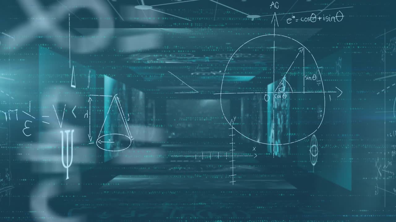 데이터 처리와 함께 화면 위에 떠다니는 수학적 방정식의 애니메이션