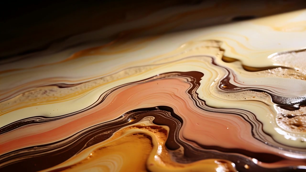 Pouring resin-coated pigment layers settling on studio bench, forming marbled bands and dark lines