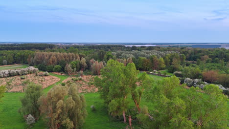 lush green landscape at dusk. lush green trees spread across a vast landscape during dusk, showcasing nature's tranquility and beauty