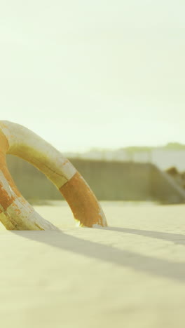 lifebuoy resting peacefully on sandy shore at golden hour by the sea