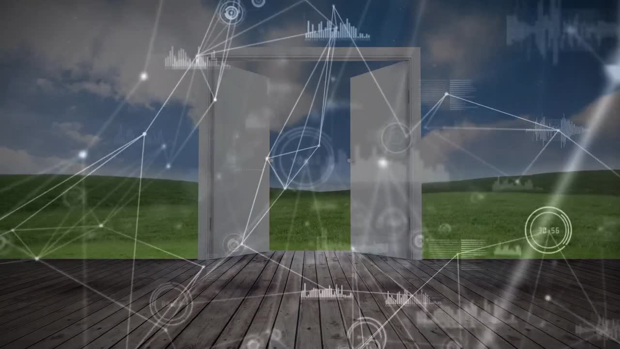 목초지와 푸른 하늘을 배경으로 나무 판에 문이 열리는 연결 네트워크의 애니메이션