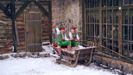 Cheerful elves having time together at Christmas outside in winter. Fairy characters sitting in Santa's sleigh on wooden building background.