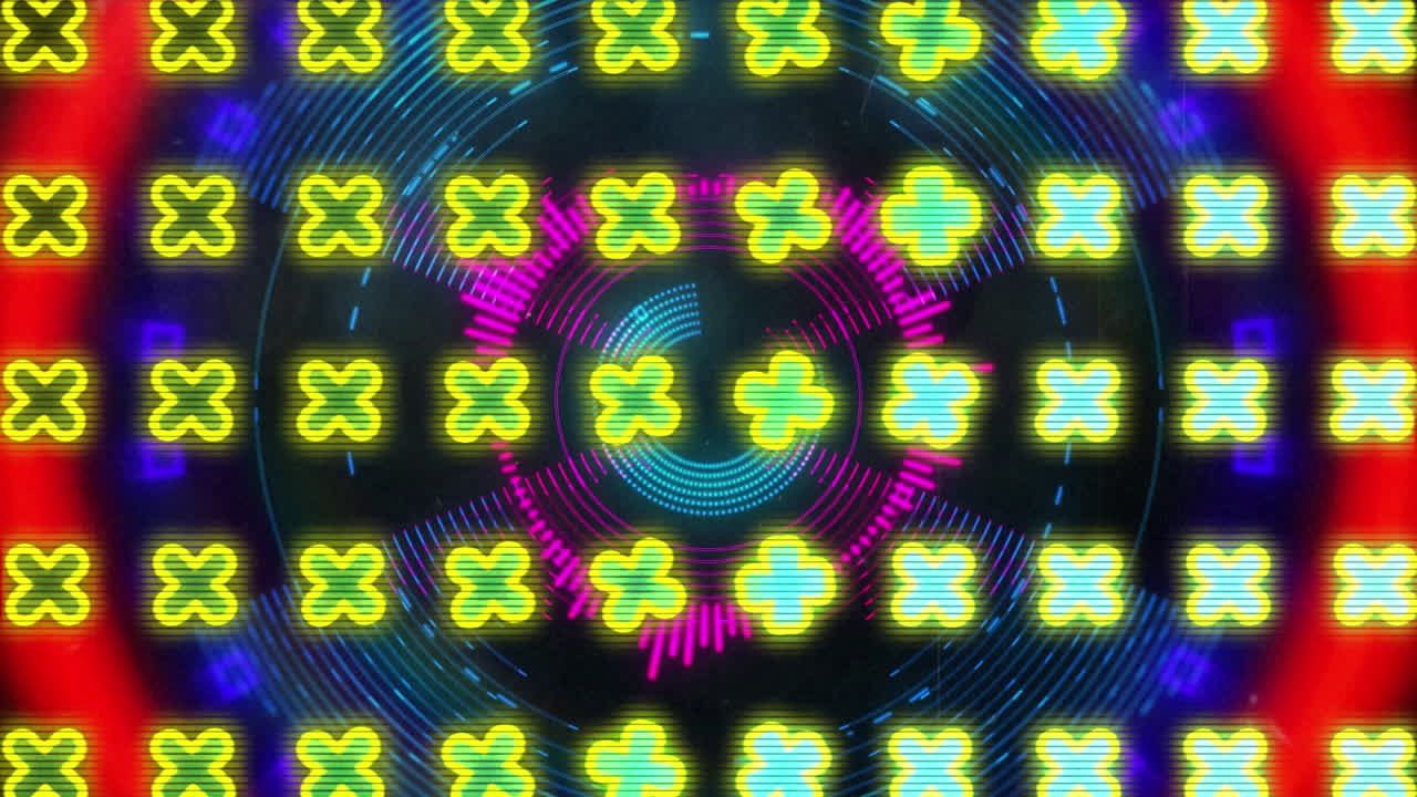 animación de símbolos x sobre líneas que forman círculos contra un fondo negro