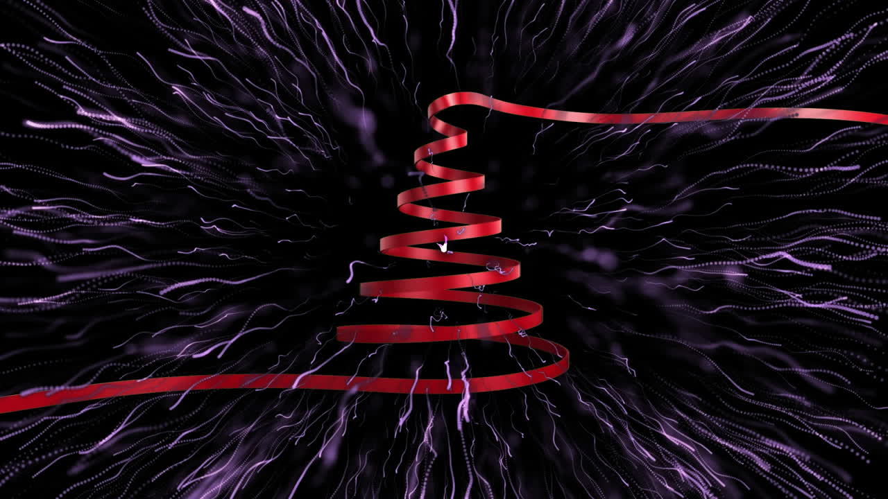 Animação de linha vermelha formando o formato de árvore de Natal e fogos de artifício em fundo preto.