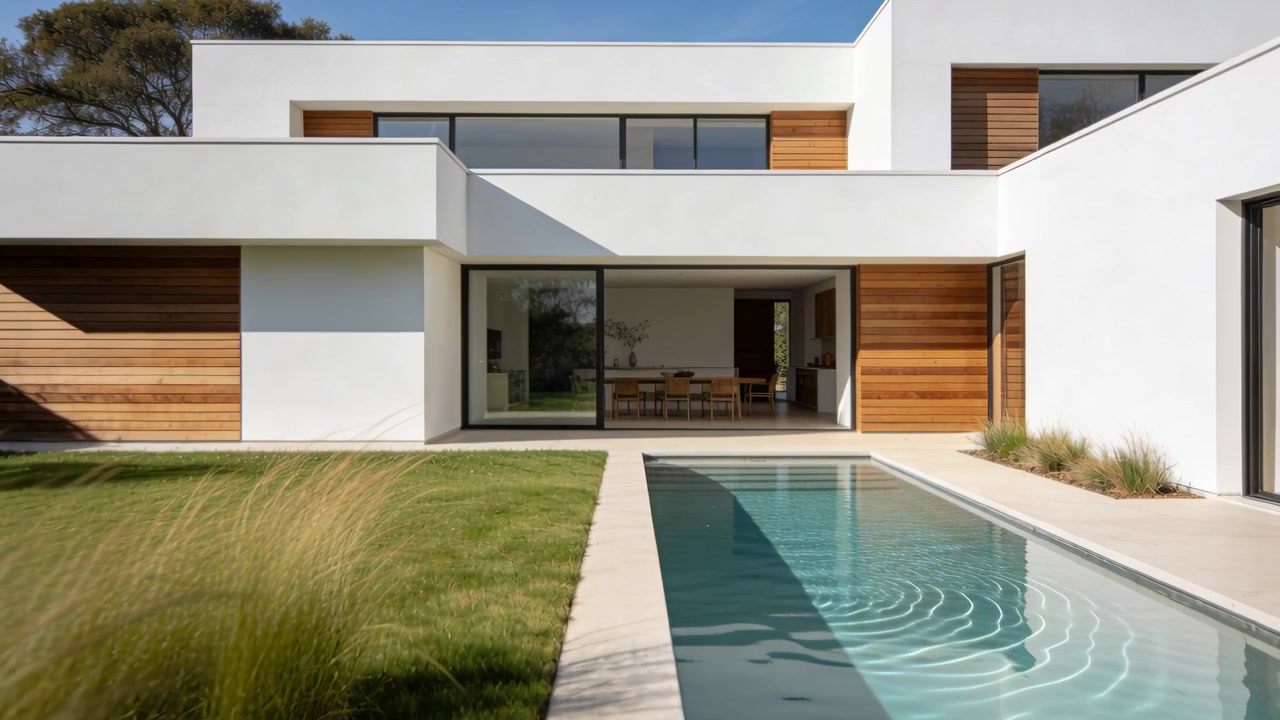 Piscina rectangular de natación con ondas junto a una casa moderna de dos pisos y hierbas meciéndose por la brisa ligera