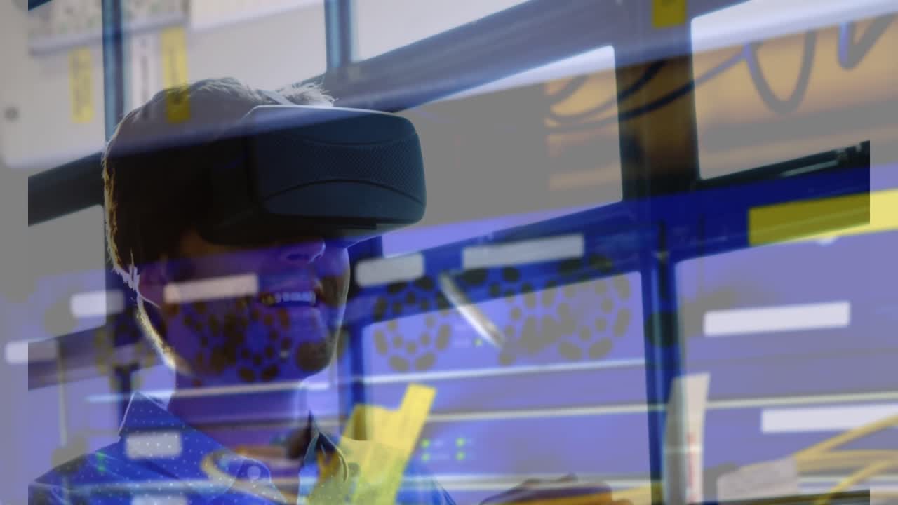 Animation of men using vr headset over server room