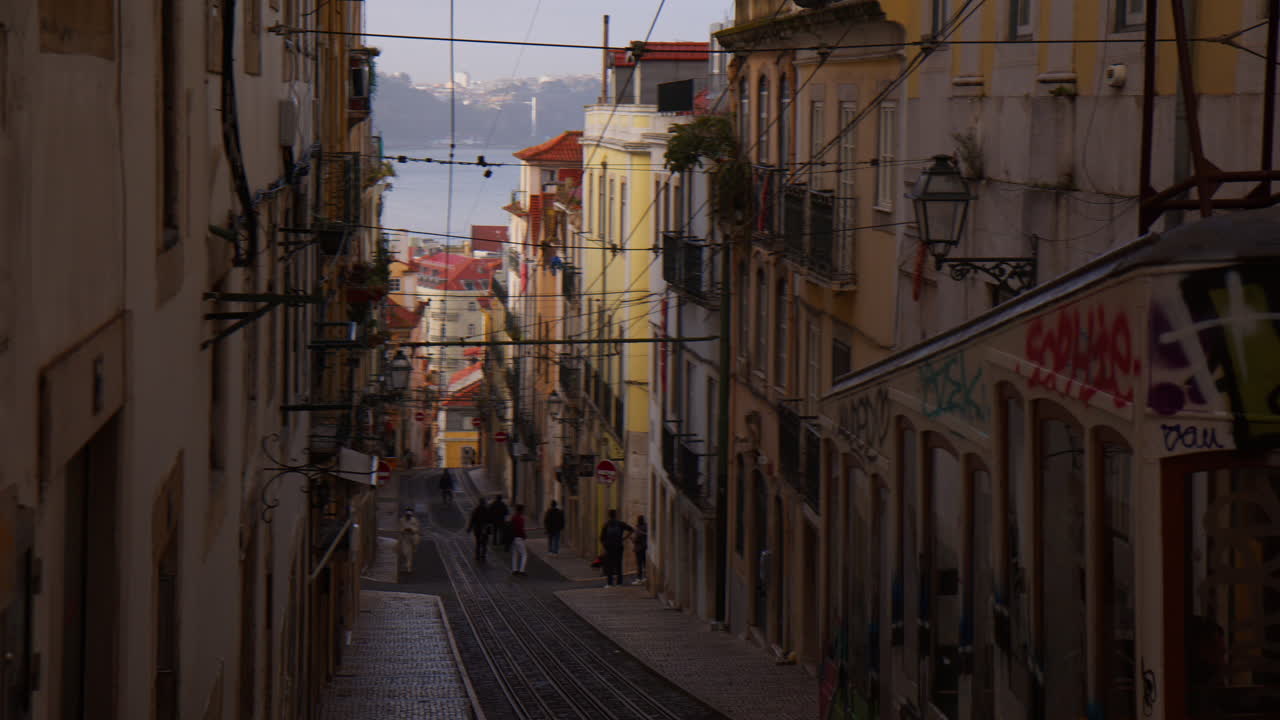 Antique Cable Car On The Typical Streets In Lisbon, Portugal
