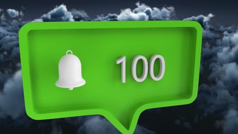 animación del icono de alerta con números en la burbuja de habla sobre el cielo y las nubes