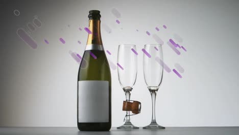 Animation-of-purple-light-trails,-champagne-bottle,-two-champagne-glasses-and-cork-falling