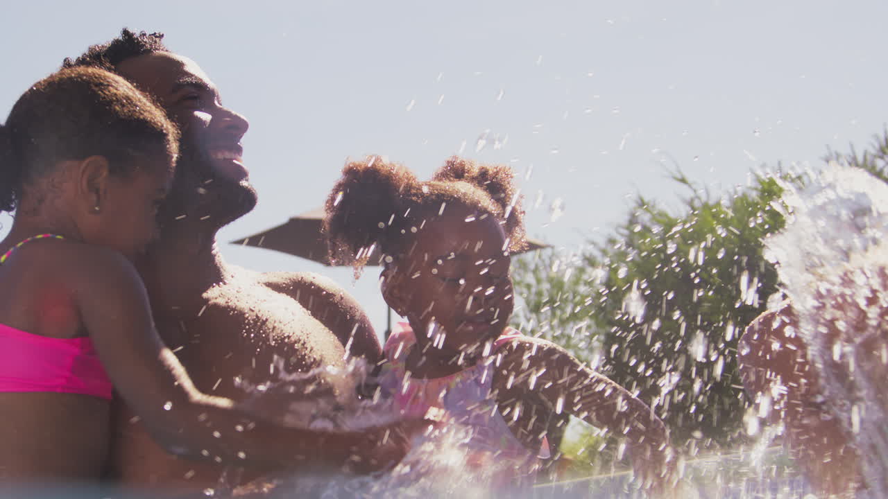 Famiglia in vacanza estiva con due bambine in piscina che schizzano la madre