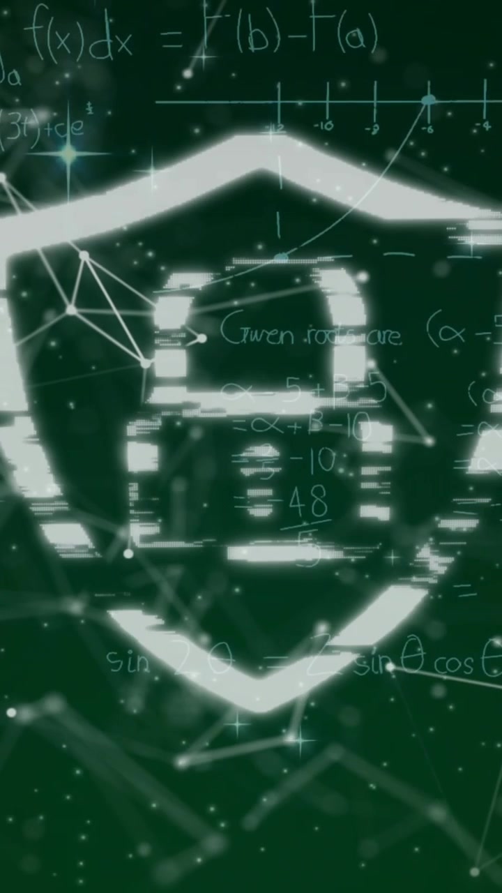 Digital Security Concept with Padlock Shield and Mathematical Equations on Green Background