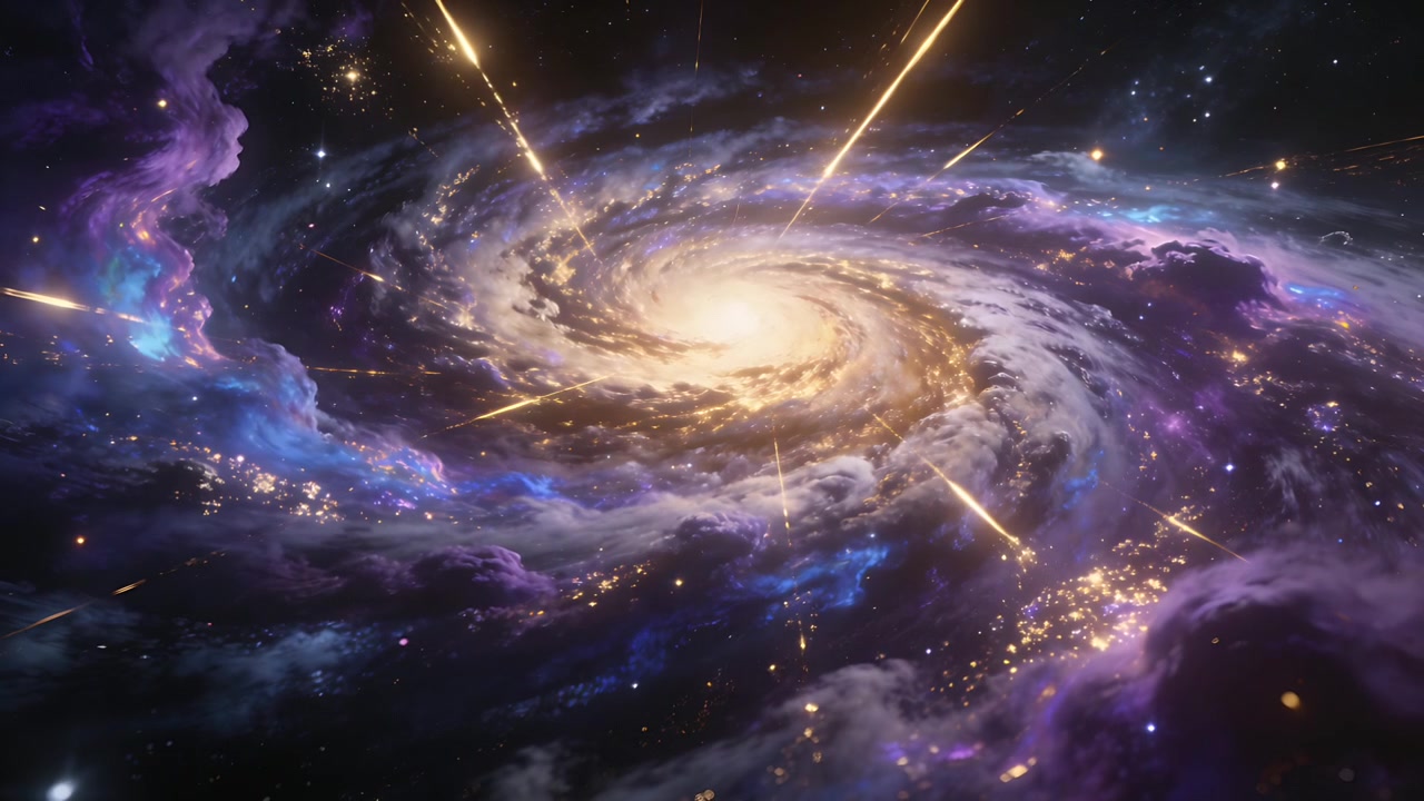 Nucleo luminoso di una galassia a spirale e bracci che attirano scie dorate verso l'interno nello spazio profondo, con scintille.
