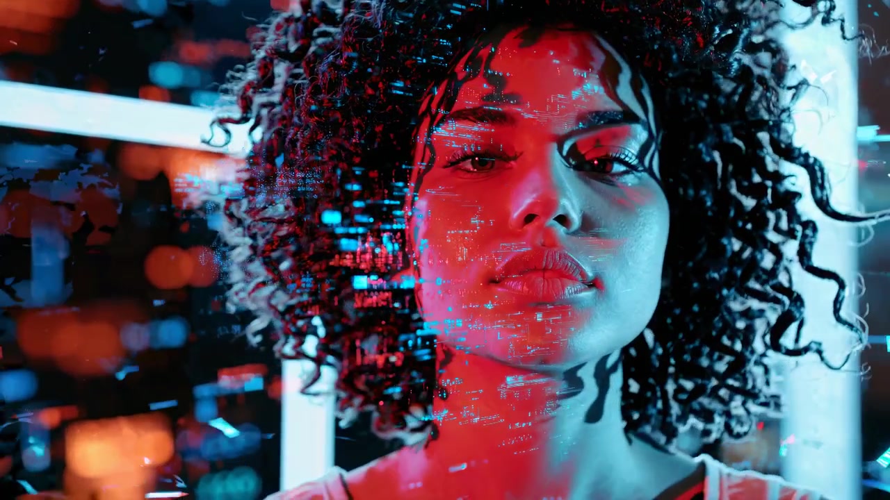 Young Woman With Digital Data Projection on Face