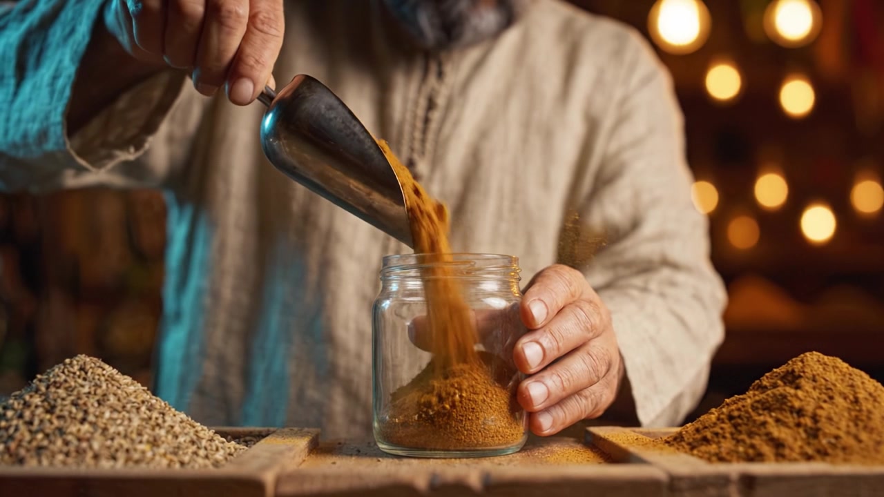 Crafting Unique Spice Blends: A Skilled Artisan Measures Flavors with Care, Showcasing the Art of Spices in an Inviting Culinary Setting