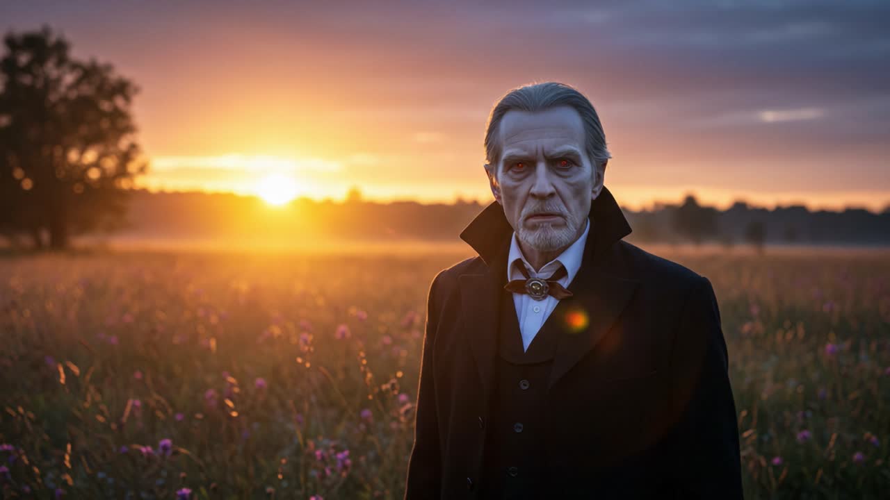 A Haunting Presence at Sunrise: A Mysterious Figure with Glowing Eyes Captured in Dramatic Light Against a Vibrant Outdoor Landscape