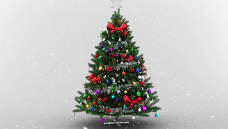 Animation-of-snow-falling-over-christmas-tree-on-white-background