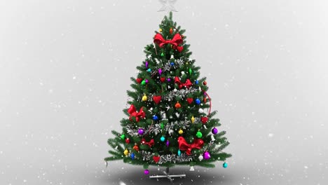 animación de nieve cayendo sobre el árbol de navidad sobre un fondo blanco