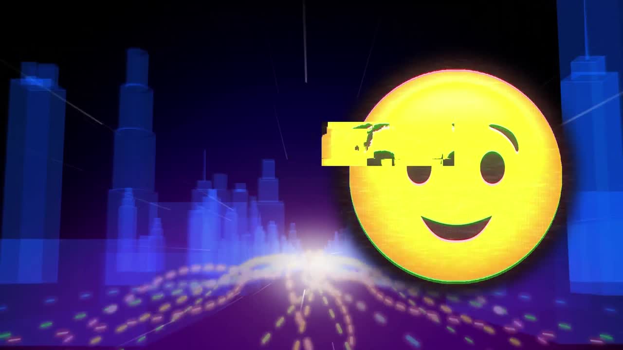 도시 풍경 위에 이모지 웃는 아이콘의 애니메이션