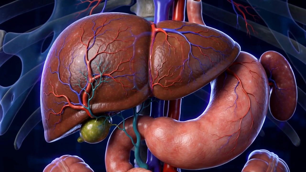 A Premium 3D Medical Animation Of The Human Liver And Surrounding Digestive Organs, Rendered In Luminous Detail Against A Dark Clinical Backdrop
