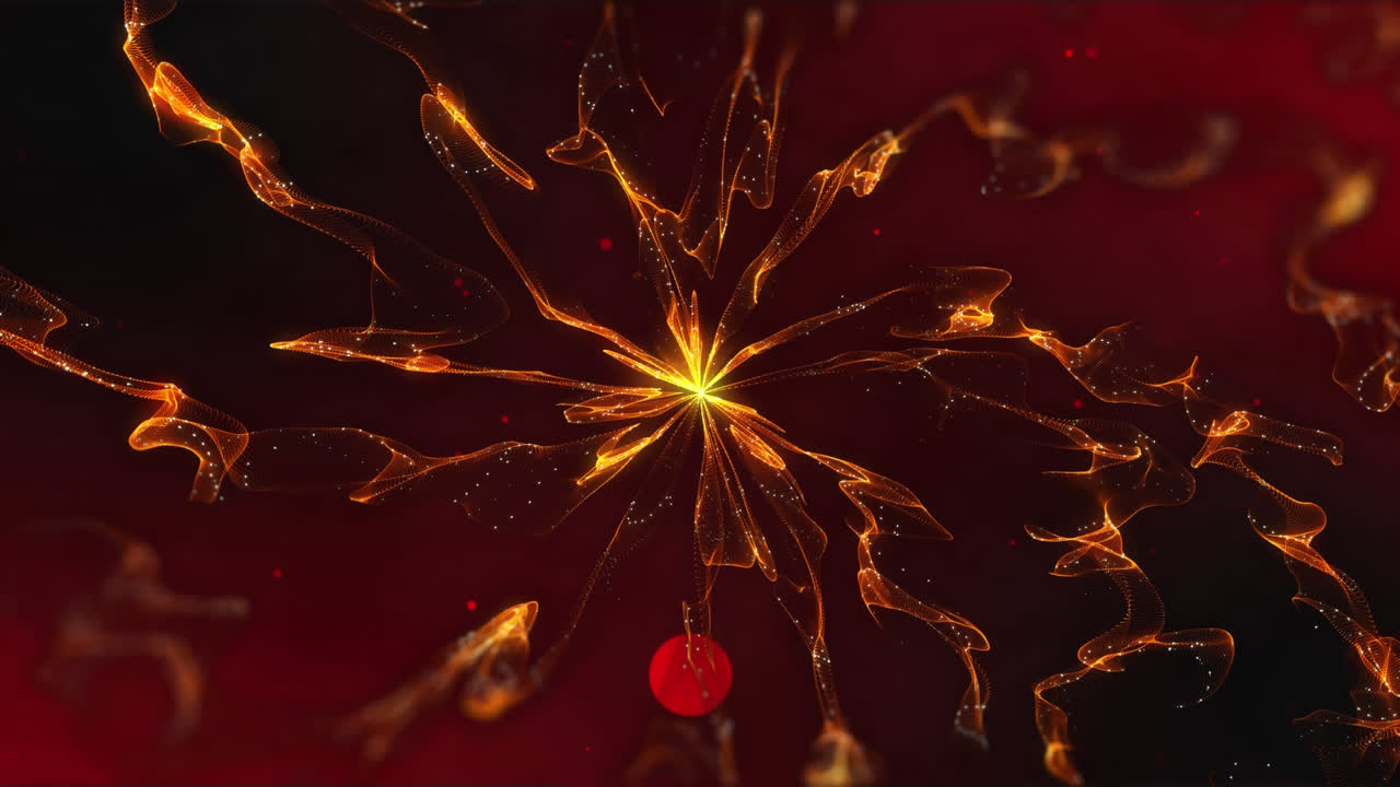 animación de confeti rojo cayendo, con red de energía naranja brillante, sobre fondo negro