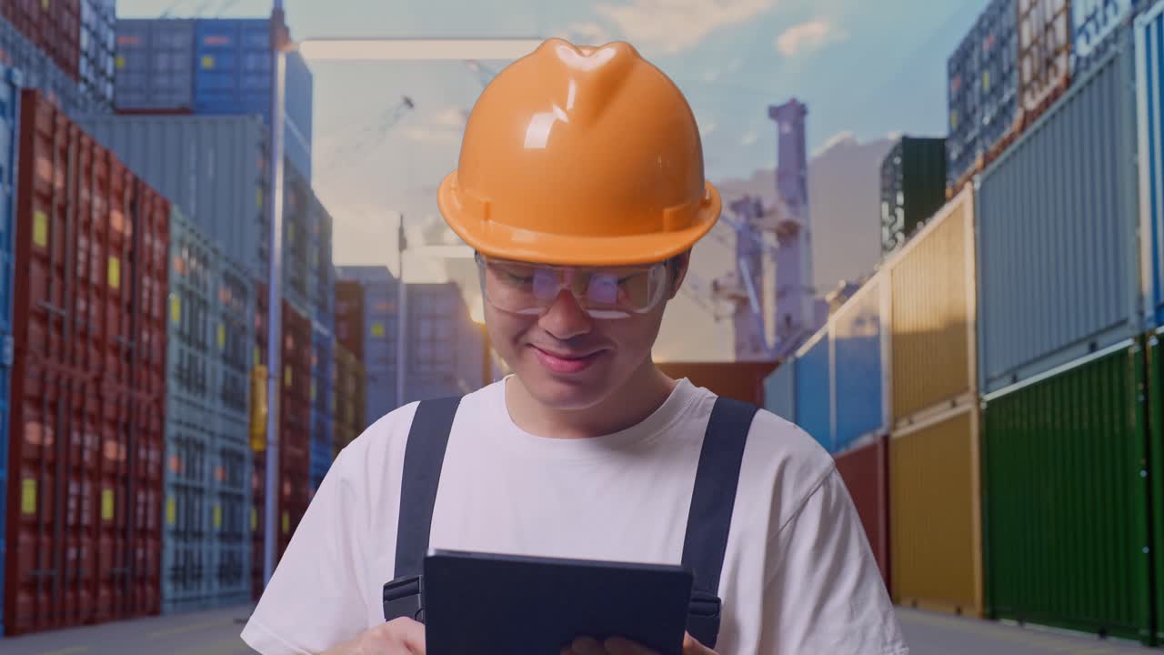 close up de hombre asiático trabajador con gafas de protección y casco de seguridad sonriendo y señalando a una tableta en su mano mientras estaba de pie en el almacén de contenedores
