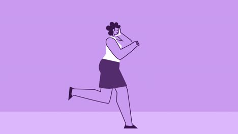 mujer de estilo púrpura personaje plano corriendo ciclo con llamada de teléfono móvil. animación de bucle aislado con canal alfa