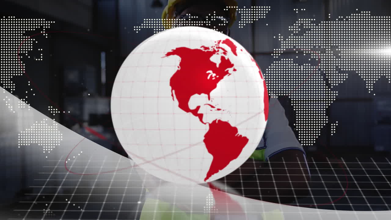 Rotating red globe with digital world map animation on grid background