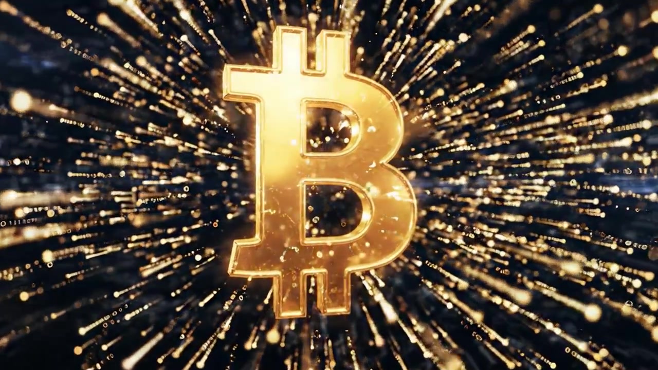 Dynamic Visual Representation of Cryptocurrency Evolution Featuring a Bold Bitcoin Symbol Surrounded by Energetic Digital Patterns and Shimmering Light Effects