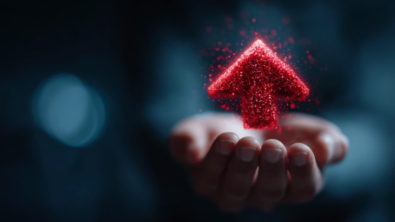 Captivating Visual of a Hand Holding a Sparkling Red Arrow Symbolizing Growth, Success, and Positive Direction Against a Dark Background