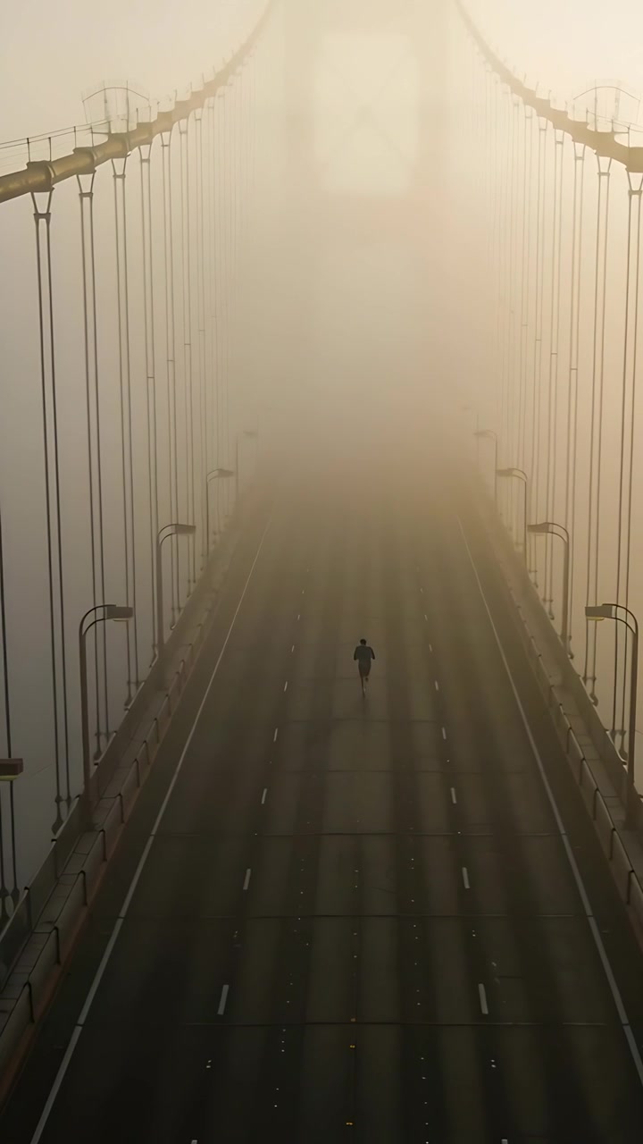 Vertical video: Jogging male in dark gear crossing foggy suspension bridge, warm light urging pace