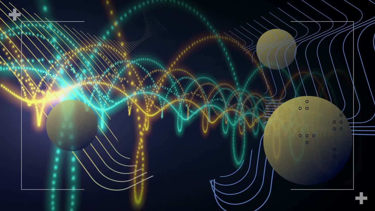 Cyan and gold waves flowing initiating waveform loops weaving through spheres on grid in technology