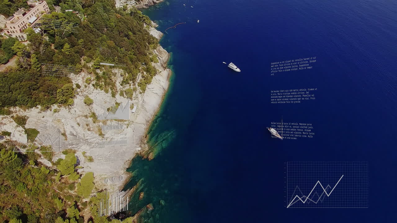 Animation of data graphs overlaying aerial view of coastline and ocean
