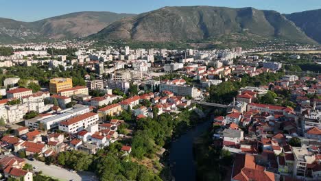 aerial drone view of mostar town city bosnia and herzegovina balkan country balkans old bridge neretva river stari most summer july