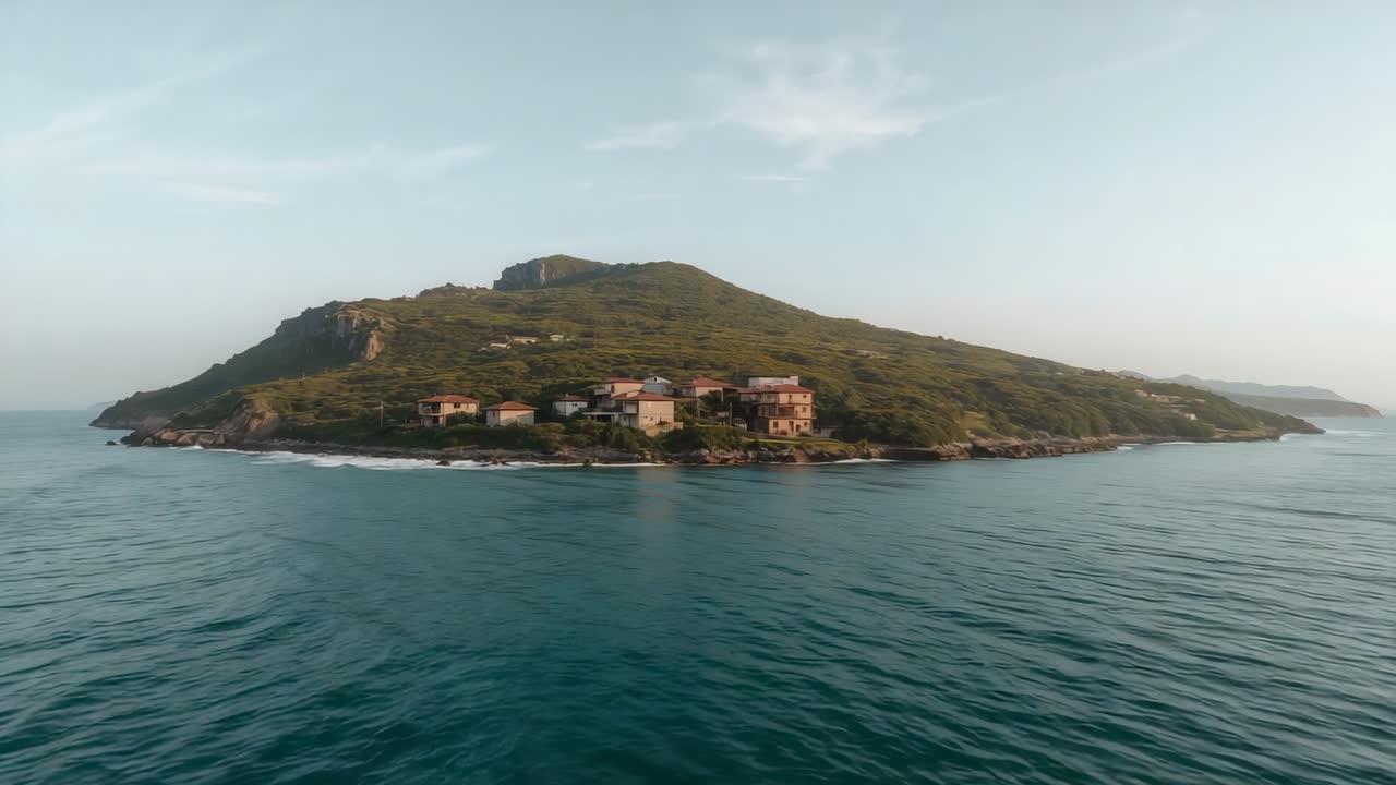 Drone che si avvicina, avanzando sull'oceano e avvicinando le case sull'isola e la costa rocciosa
