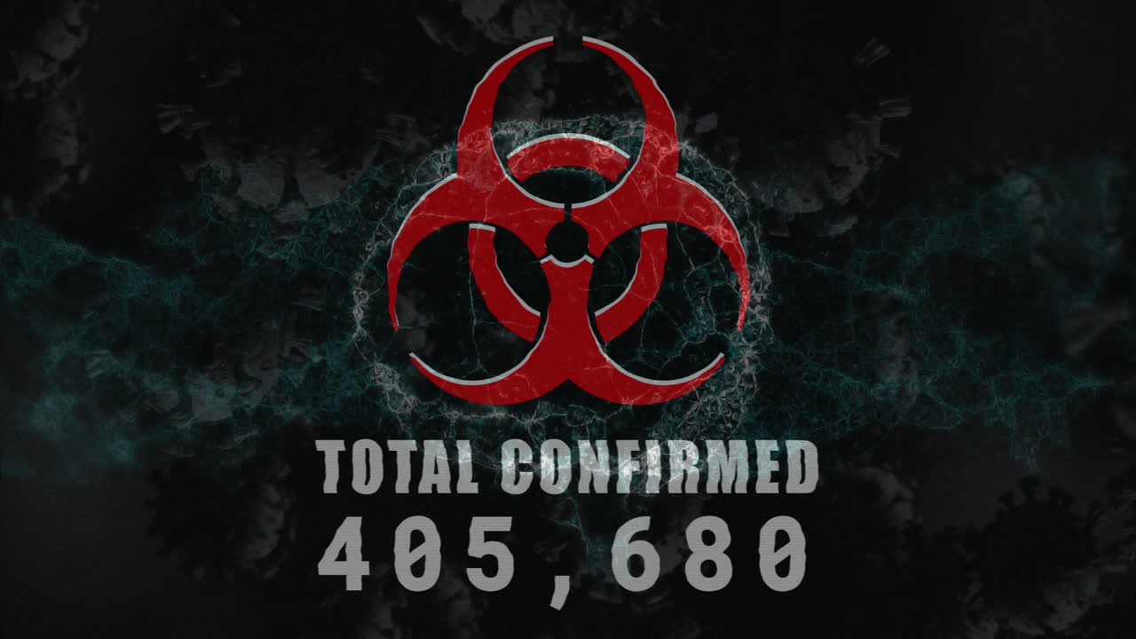 animación de células de virus y cerebro sobre símbolo de peligro biológico y procesamiento de datos