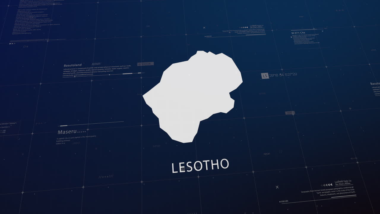 Lesotho country map comes to life with cinematic panning, unveiling key details, the capital, and slogan, providing an engaging background for corporate and commercial use