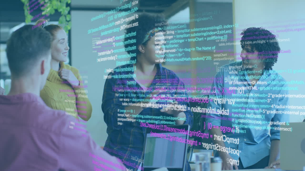 Diverse team collaborating in office with digital code overlay animation