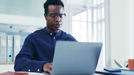 business man, headache and frustrated on laptop
