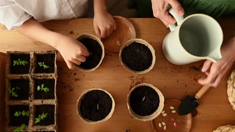 Mother-and-daughter-working-on-potted-plants-over-table-at-home