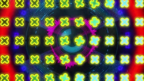 animación de símbolos x sobre líneas que forman círculos contra un fondo negro