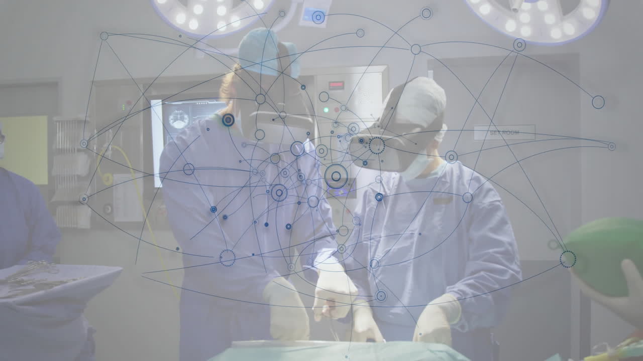 Two surgeons operating in medical theater, wearing VR headset and headlight with animated monitors